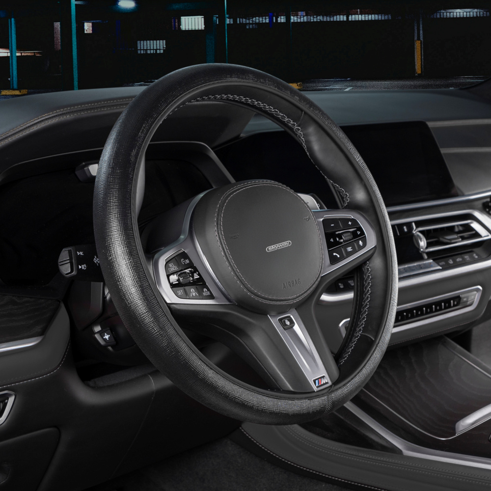 Оплетка на руль, Чехол на руль автомобиля 38 см Skyway FLEX-5 экокожа черная #1