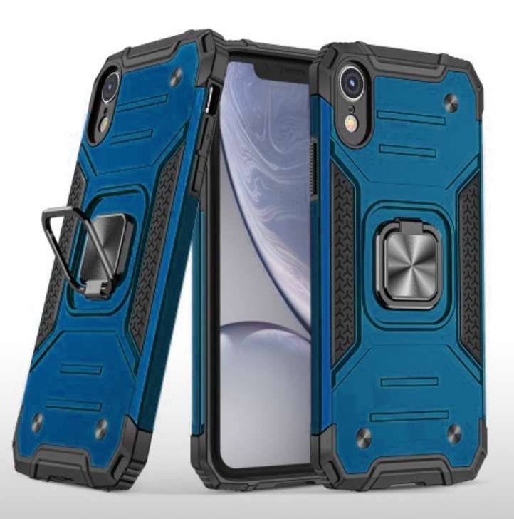 Противоударный чехол для iPhone XR синий с пластиной для магнитного автодержателя и кольцом подставкой #1