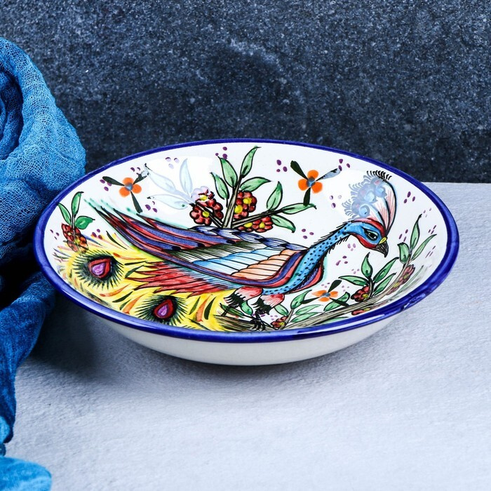 Тарелка Риштанская Керамика "Жар птица", микс, глубокая, 20 см  #1