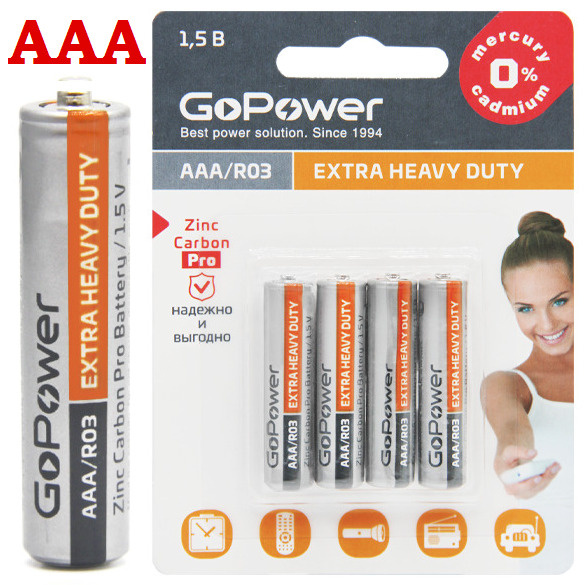 GoPower Батарейка AAA, Солевой тип, 1,5 В, 4 шт #1