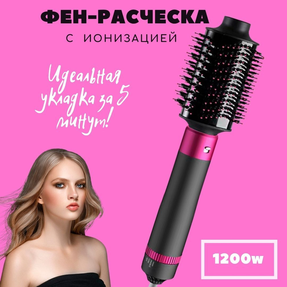 Фен-щетка для волос Черника BRAND SHOP Фен-щетка для волос / Брашинг /  Термощетка / Фен брашинг / Фен для волос/ Стайлер / Фен расческа / Для  сушки, фуксия, серый - купить по