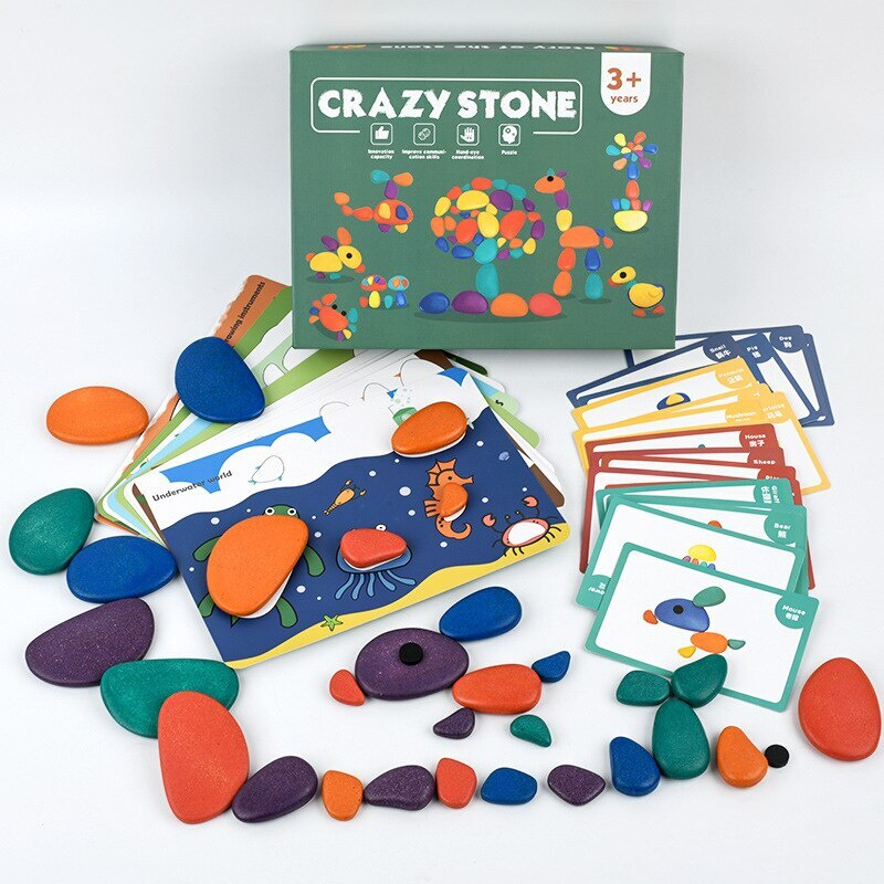 Детская развивающая игра с камнями и карточками "Crazy Stone" / цветные / радужные камни  #1