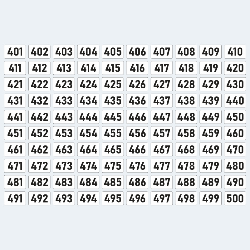 Наклейки с номерами от 401 до 500 цвет белый 40х25 мм / номерные стикеры 401-500. ПолиЦентр #1