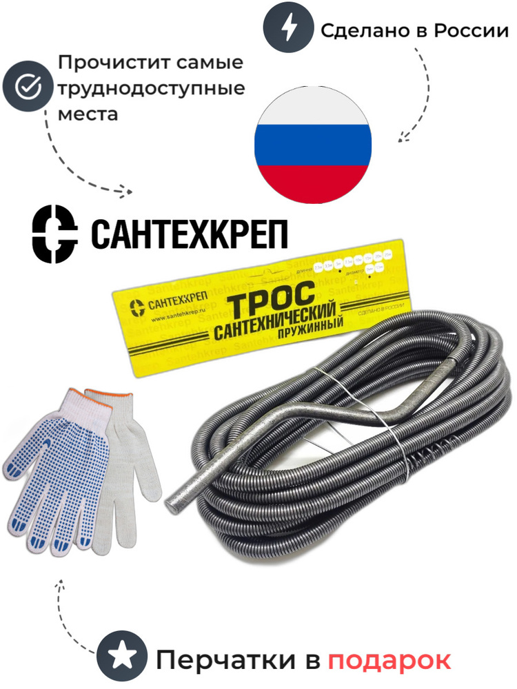 Трос сантехнический для прочистки канализации 9мм 2.5м САНТЕХКРЕП ...