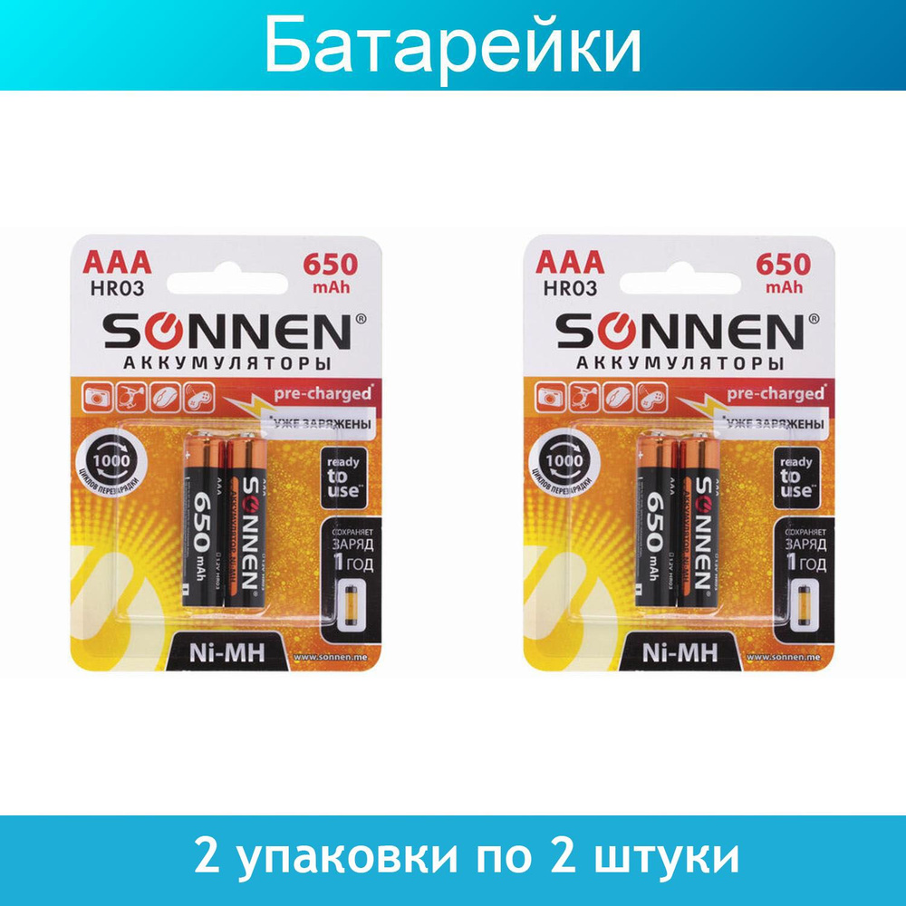 Батарейки аккумуляторные SONNEN, 2 штуки в упаковке, AAA (HR03), Ni-Mh, 650  mAh, в блистере, 2 упаковки - купить с доставкой по выгодным ценам в  интернет-магазине OZON (739550671)