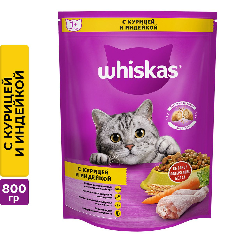 Сухой корм Whiskas® для кошек «Подушечки с паштетом. Ассорти с курицей и  индейкой», 800г - купить с доставкой по выгодным ценам в интернет-магазине  OZON (137496059)