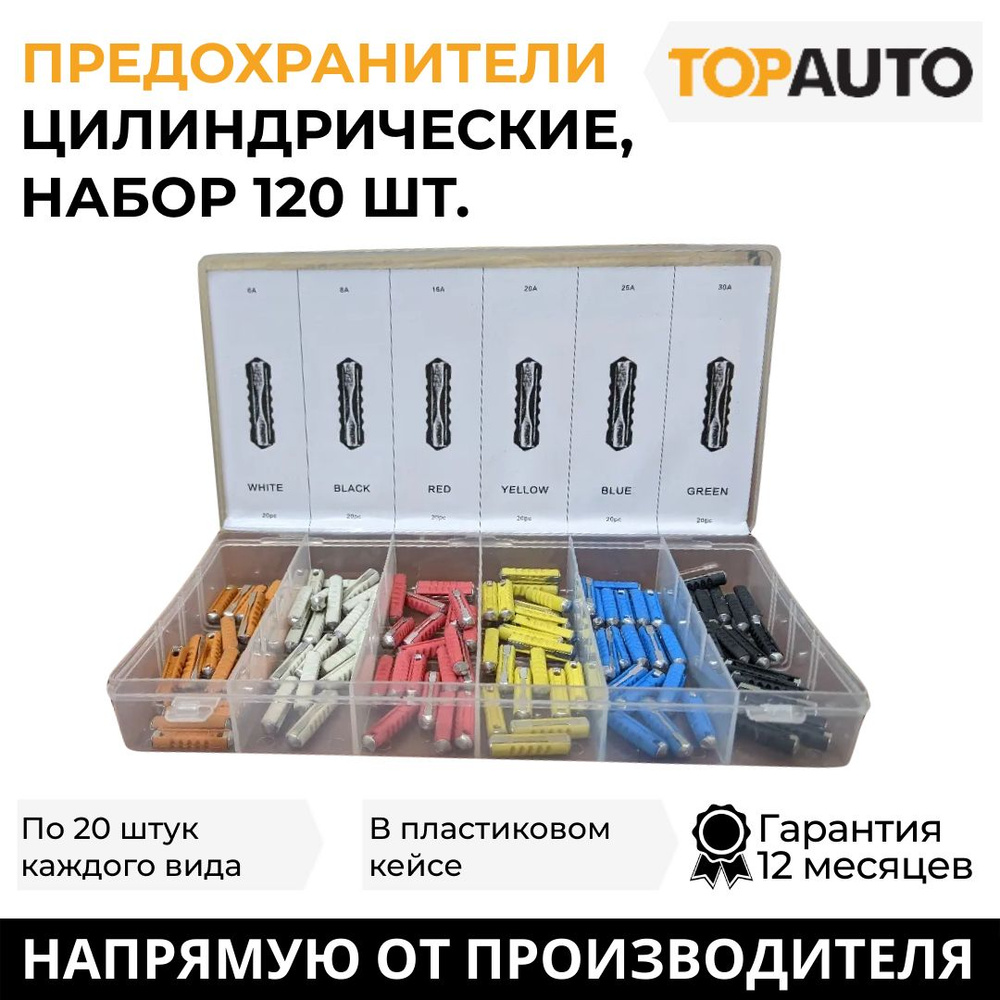 Предохранители цилиндрические "Топ Авто", набор 120 шт, в кейсе, W-8047 ...