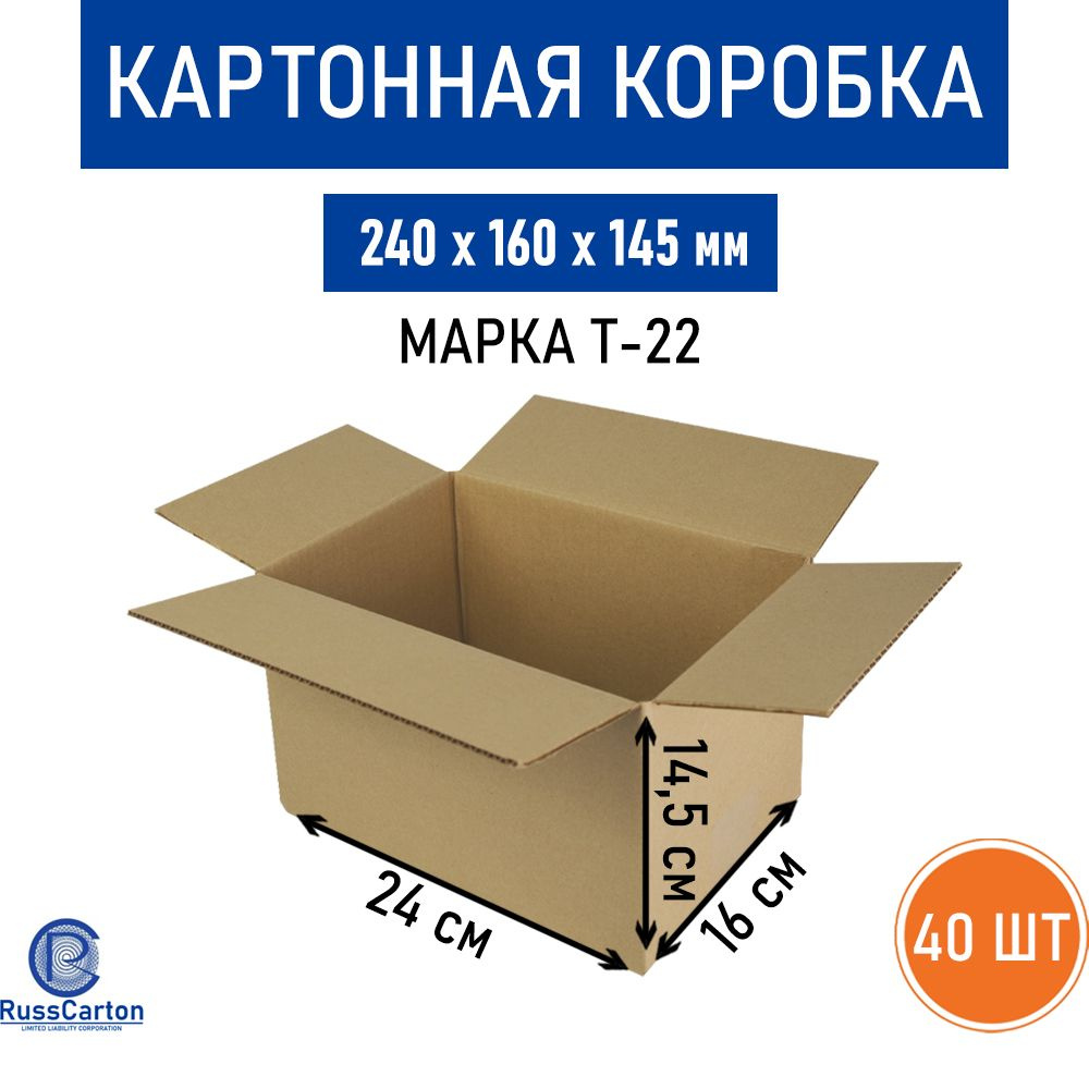 Картонная коробка для хранения и переезда RUSSCARTON, 240х160х145 мм, Т-22, 40 шт  #1