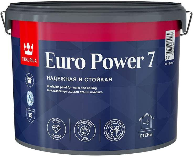 Краска Tikkurila Euro Power-7 (Евро-7), Акриловая, Матовое покрытие ...