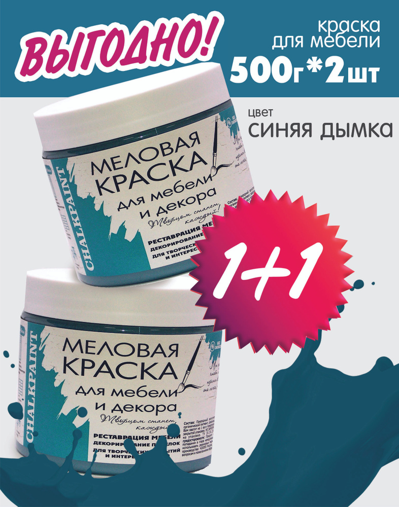 НАБОР 2 ШТ ПО 500 гр: Краска декоративная меловая, краска для мебели, цвет "Синяя дымка", Chalky paint #1