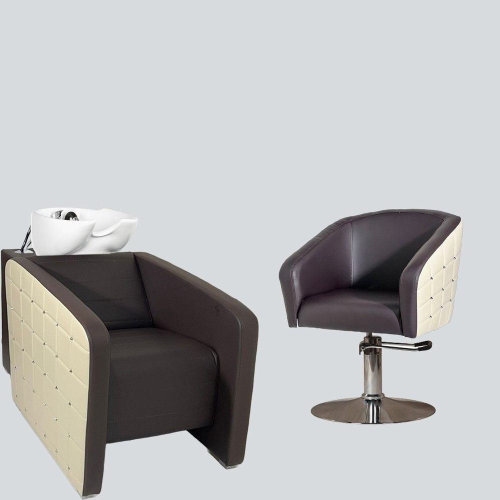 Парикмахерский комплект "Гламрок", Бежево-коричневый, 1 кресло гидравлика диск, 1 мойка глубокая белая #1