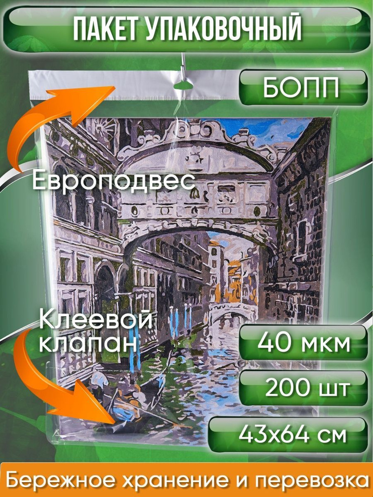 Пакет упаковочный БОПП с клеевым клапаном, 43х64+4 см, с европодвесом 4 см, сверхпрочный, 40 мкм, 200 #1