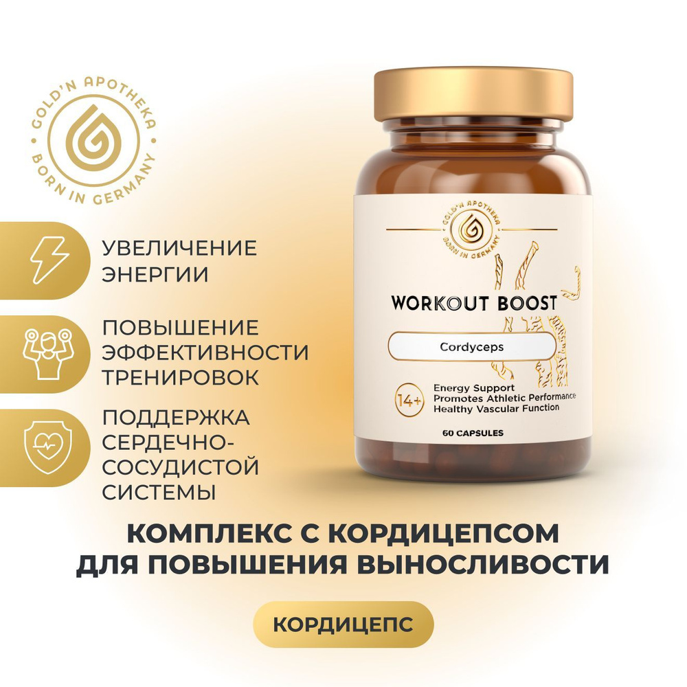 Workout boost GOLDN APOTHEKA, БАД с кордицепсом тонизирующий и  общеукрепляющий, комплекс для энергии, выносливости, поддержки работы  мозга, капсулы 60 шт. - купить с доставкой по выгодным ценам в  интернет-магазине OZON (850449556)