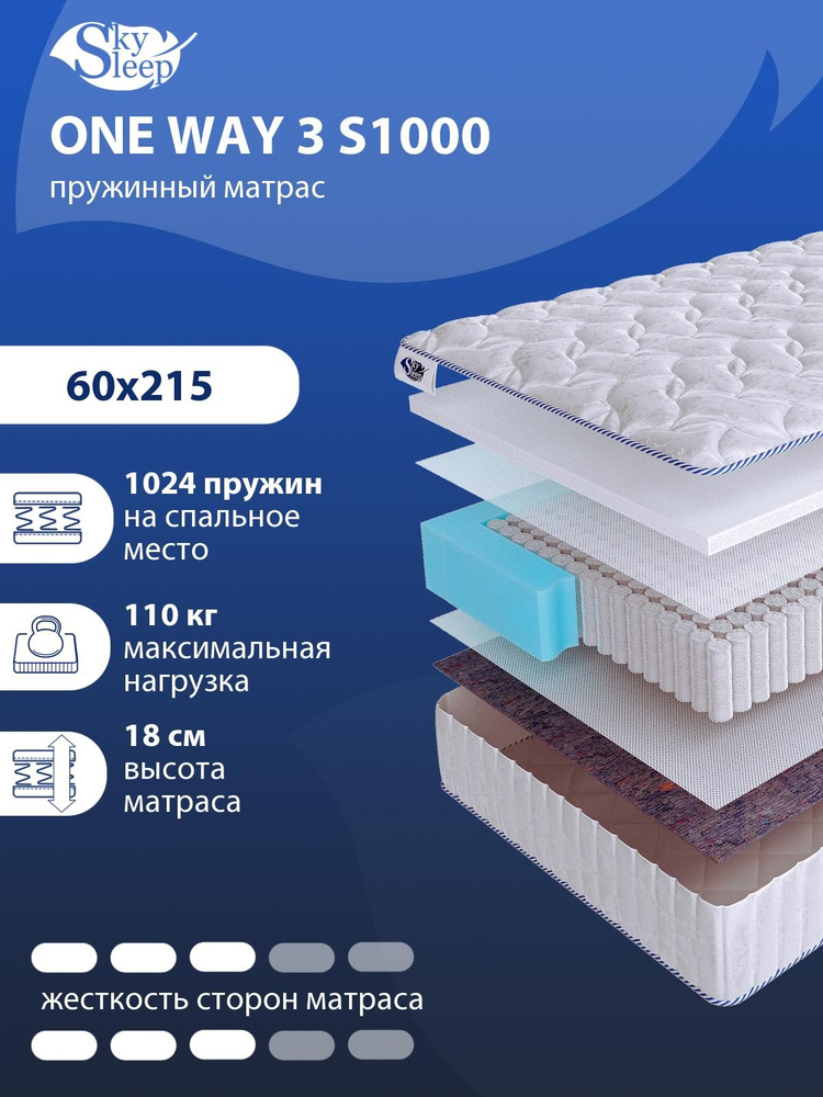 Матрас, Односторонний матрас SkySleep ONE WAY 3 S1000 средней жесткости, Детский, Независимые пружины, #1