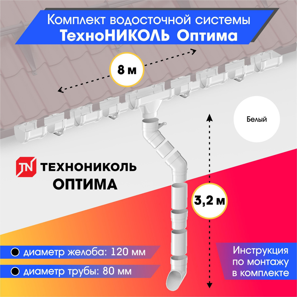 Водосточная система для крыши комплект 120/80 ТехноНИКОЛЬ Оптима RAL 9003  водосток для крыши дома для ската 8м, белый - купить с доставкой по  выгодным ценам в интернет-магазине OZON (1038814262)