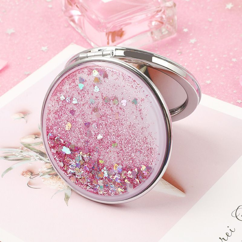 Зеркальце карманное круглое складное с розовыми блёстками  #1