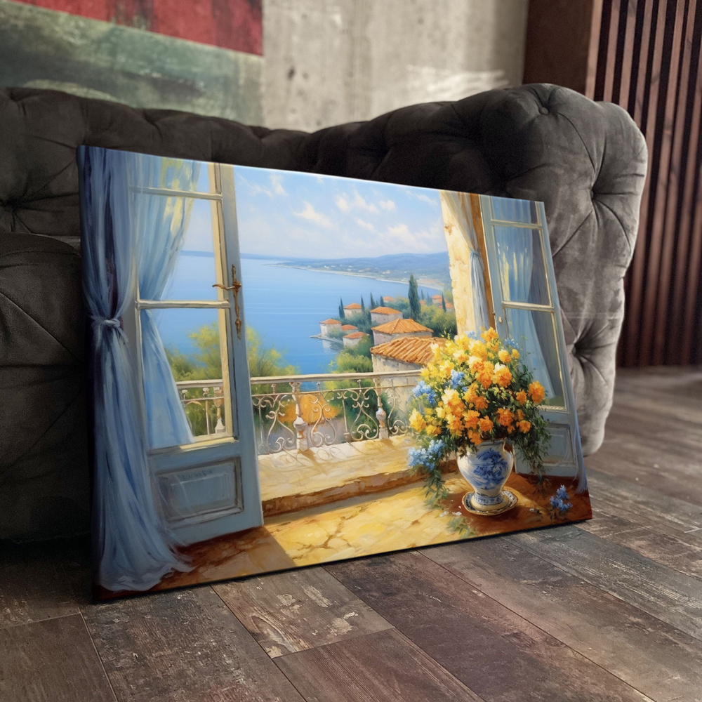 Картина на холсте (Арт, масло, рисунок, вид из окна, цветы, море, ваза)  20x30 см. Интерьерная на стену. - купить по низкой цене в интернет-магазине  OZON (1257629296)