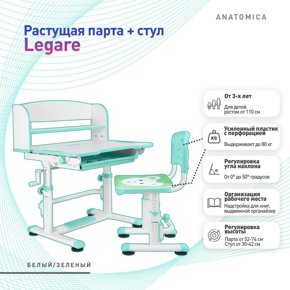 Комплект Anatomica Legare: детская парта и стул белый/зеленый #1
