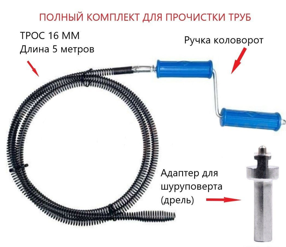 Трос для прочистки канализации DN 32-100 mm. Длина 5 метров DN 16 mm  #1