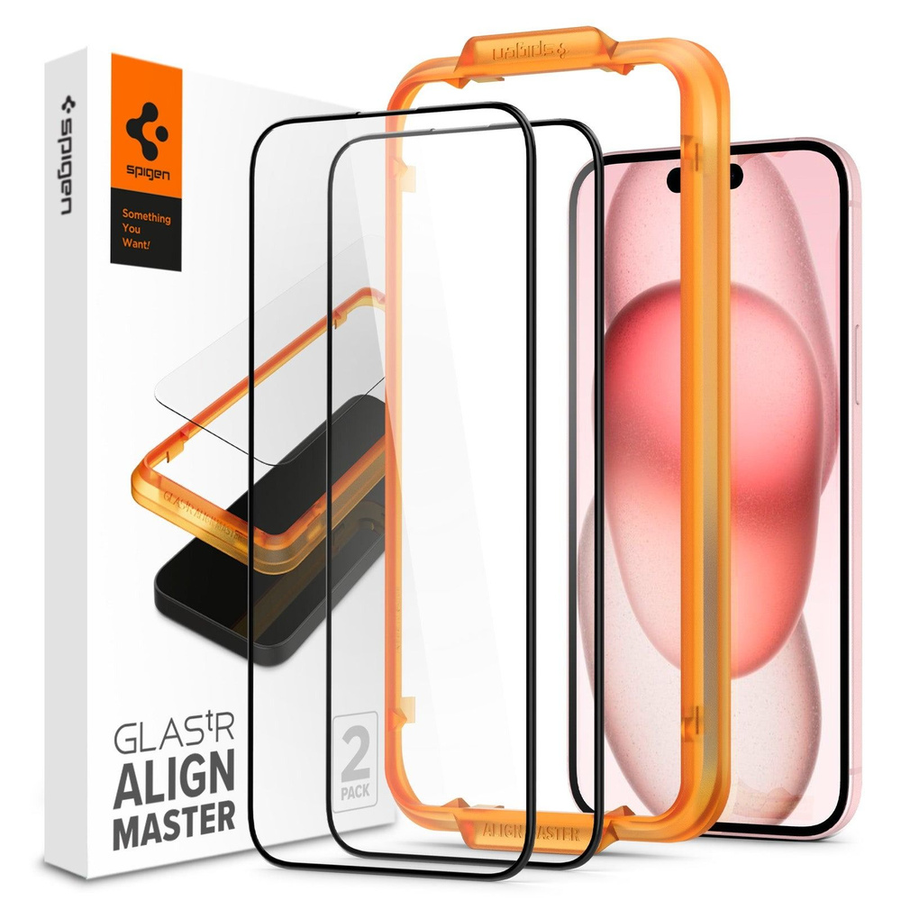 Защитное стекло Spigen на iPhone 15 Plus (AGL06886) Glass tR AlignMaster 2  шт / Спиген стекло для Айфон 15 Плюс, прочное, олеофобное покрытие, черное  - купить с доставкой по выгодным ценам в интернет-магазине OZON (1427925846)