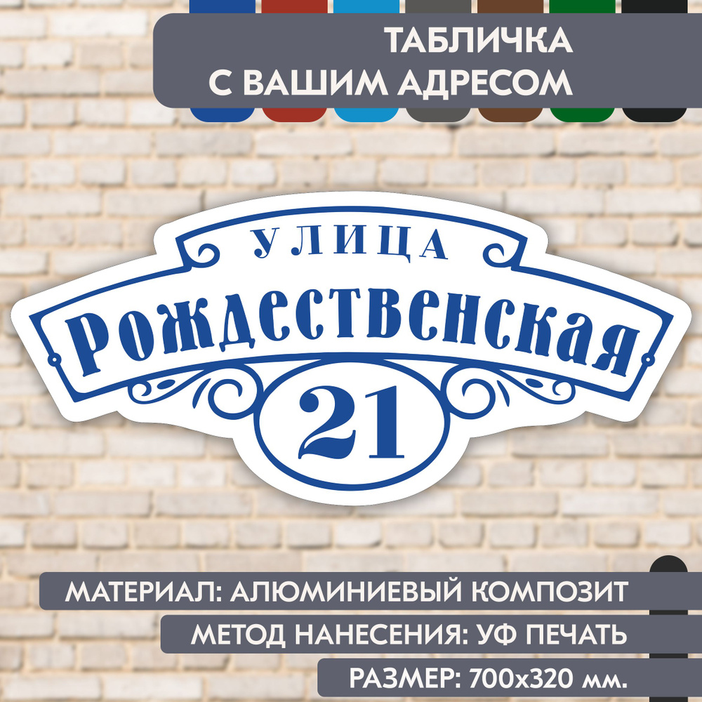 Адресная табличка на дом "Домовой знак" бело-синяя, 700х320 мм., из алюминиевого композита, УФ печать #1