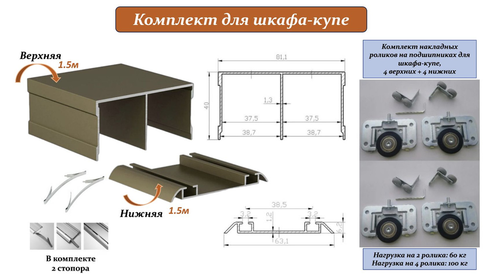 Комплект для шкафа-купе: накладные ролики на подшипниках (100кг) (ЛДСП .