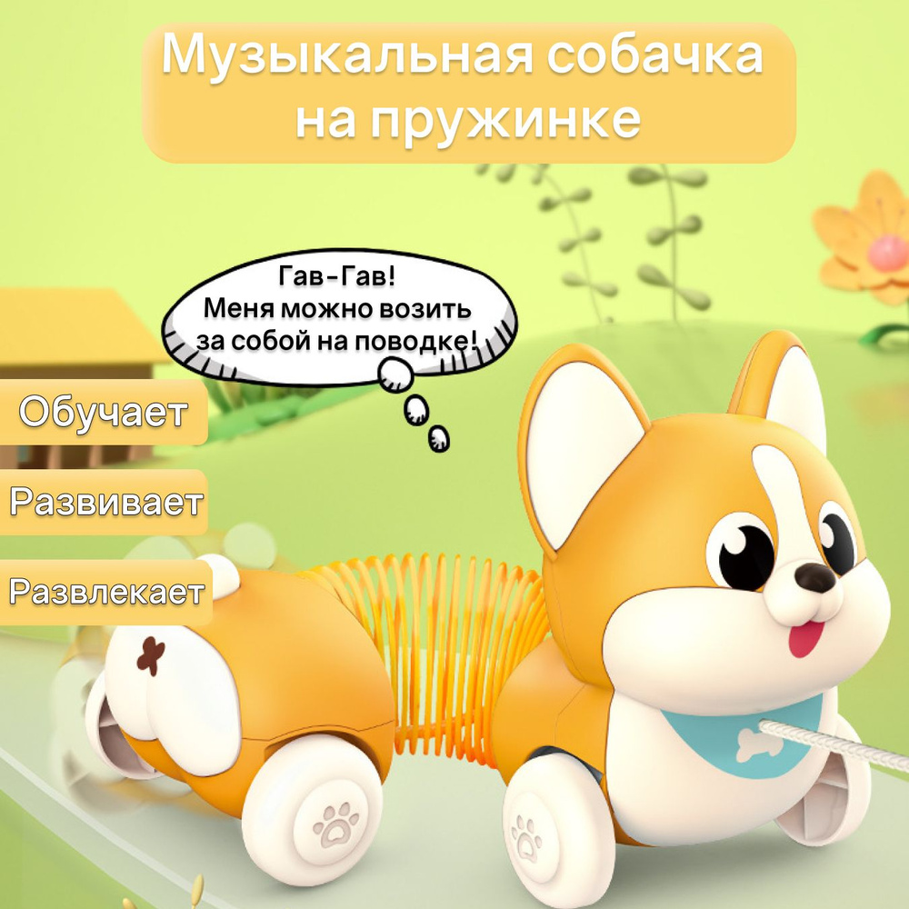 Музыкальная интерактивная игрушка Собачка на поводке / Развивающая собака с  пружинкой и музыкой для детей