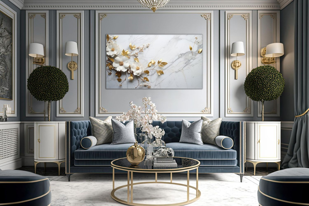 Картина на стену Decor.Bot " Светло-серый мрамор с золотым цветком " , 120х80 см #1