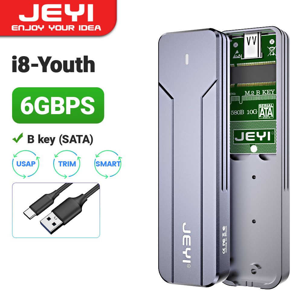 JEYI M.2 NVMe SATA SSD внешний корпус, поддерживает USB 3.2 Gen 2 10 Гбит/с  или 6 Гбит/с для M-Key и B-Key NGFF SSD. Алюминиевый корпус, поддерживает  ...