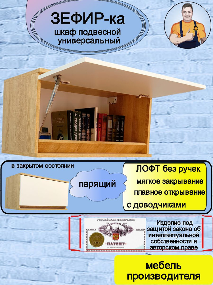 Зефир-ка шкаф подвесной настенный с дверцей и доводчиками, антресоль для телевизора ТВ книг, посуды на #1