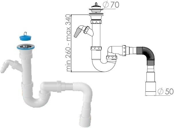 Сифон для кухни прямоточный с выпуском 70 мм с гибкой трубой 1 1/2" - 40/50 мм AV ENGINEERING (AVE129762) #1