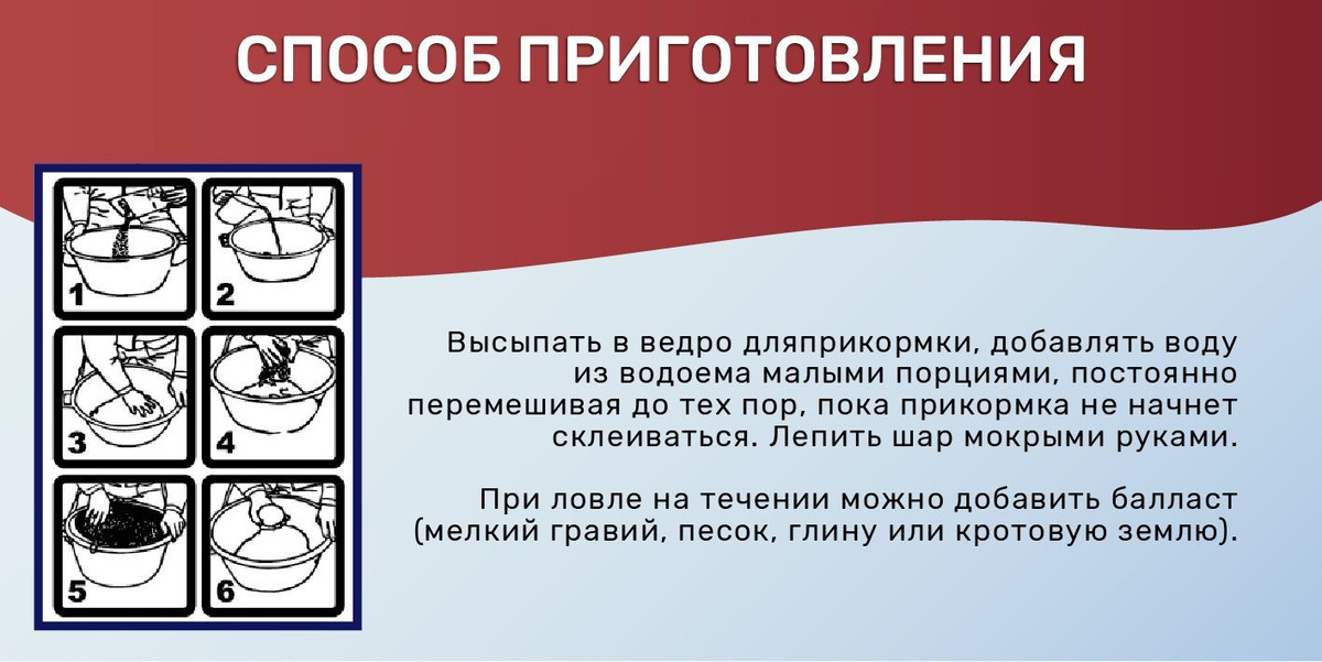 Развести в ёмкости, добавляя воду из водоема малыми порциями, постоянно перемешивая до тех пор, пока прикормка не начнет склеиваться.