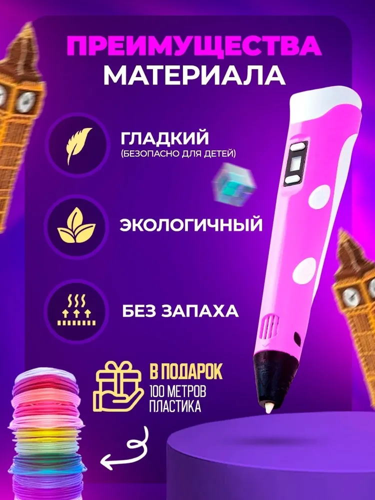 3д ручка с набором пластика 100м(Розовая) / 3 d ручка / Набор для творчества, 100 м, розовый, фото 2
