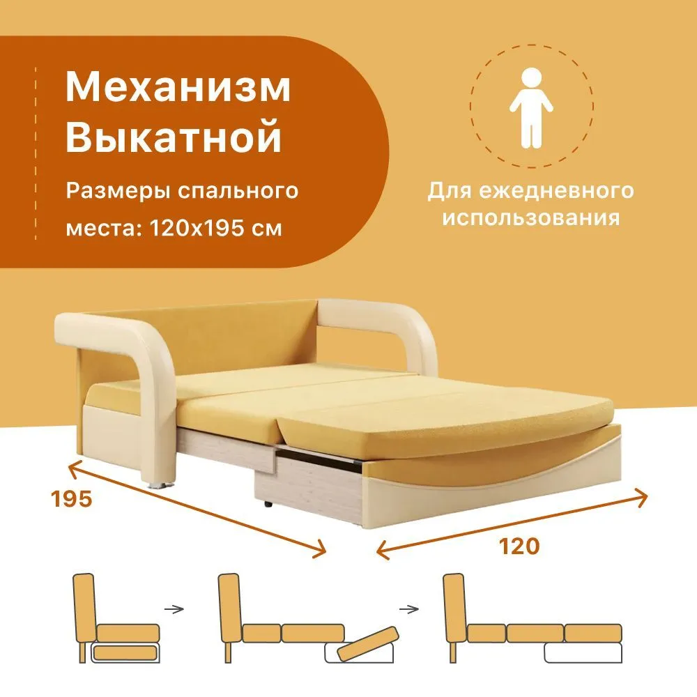 Диван-кровать 4Home Алекс, велюр макс желтый, механизм Выкатной, детский диван раскладной, с ящиком для белья, с декоративными подушками, желтый, фото 5