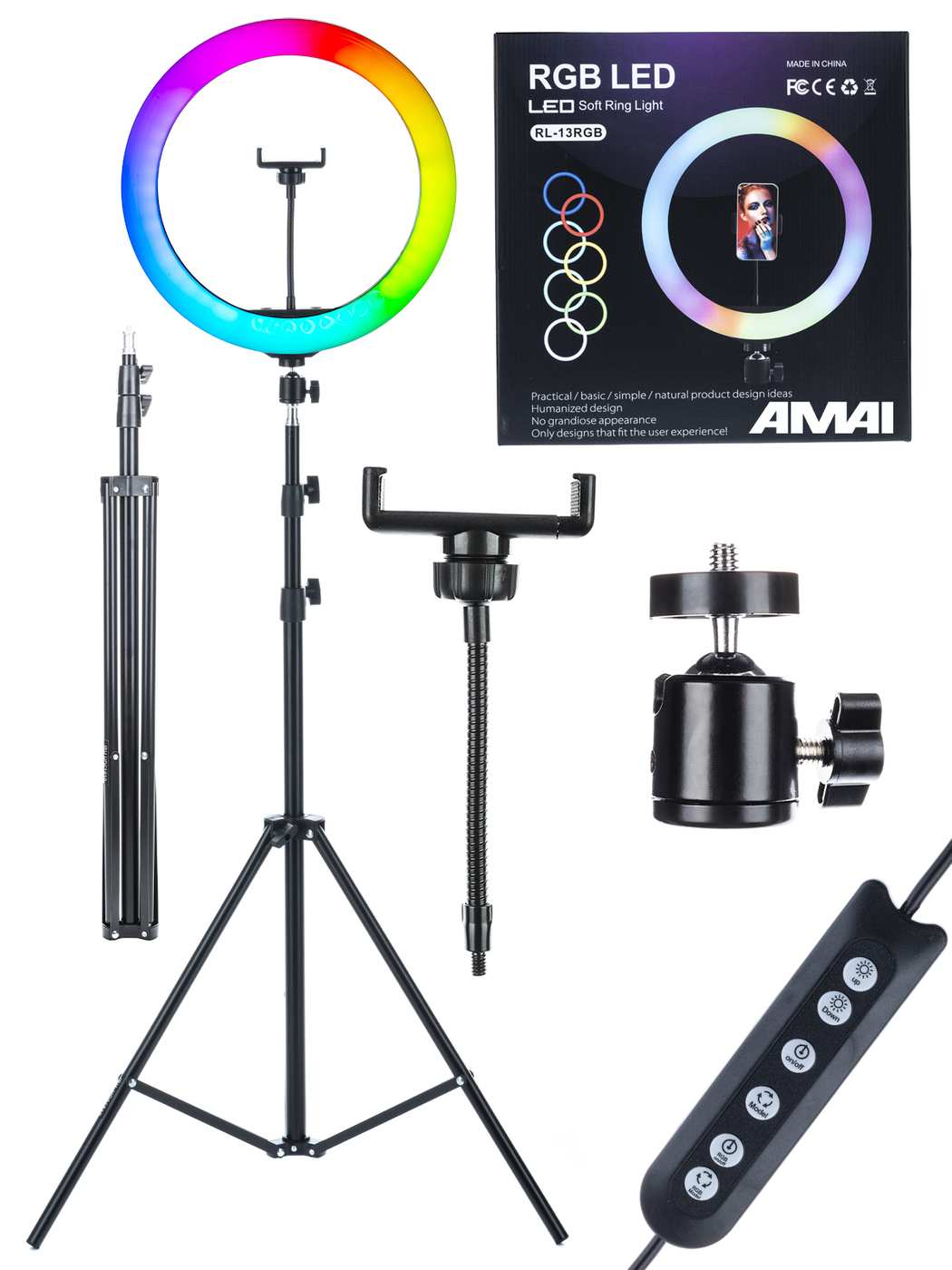 КольцеваялампаAMAIRGB33смцветнаясоштативомдляфото,видеосъемки,дляселфи,визажиста,блогерасдержателемдлясмартфона,металлическойшаровойголовкойиштативом70-210см