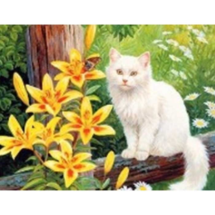 Алмазная мозаика на подрамнике 40x50 Белый кот в цветах, полное заполнение.