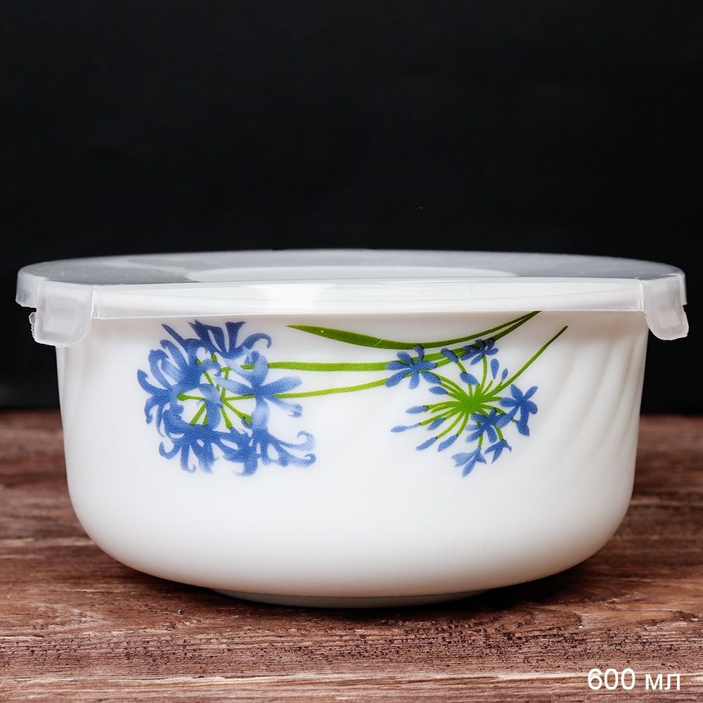 Салатник WHITE LILY глубокий с крышкой Гиацинт , 600 мл, голубой, стеклокерамика