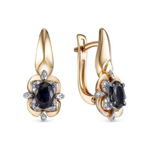 АЛЬКОР Золотые серьги 585 женские с 2 сапфирами и 32 бриллиантами ...