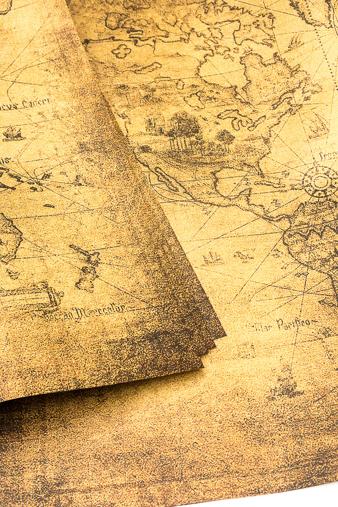 Бумага упаковочная подарочная крафт "винтаж - старинная карта мира", в наборе 4 листа 70х100см, Т-Пак #1