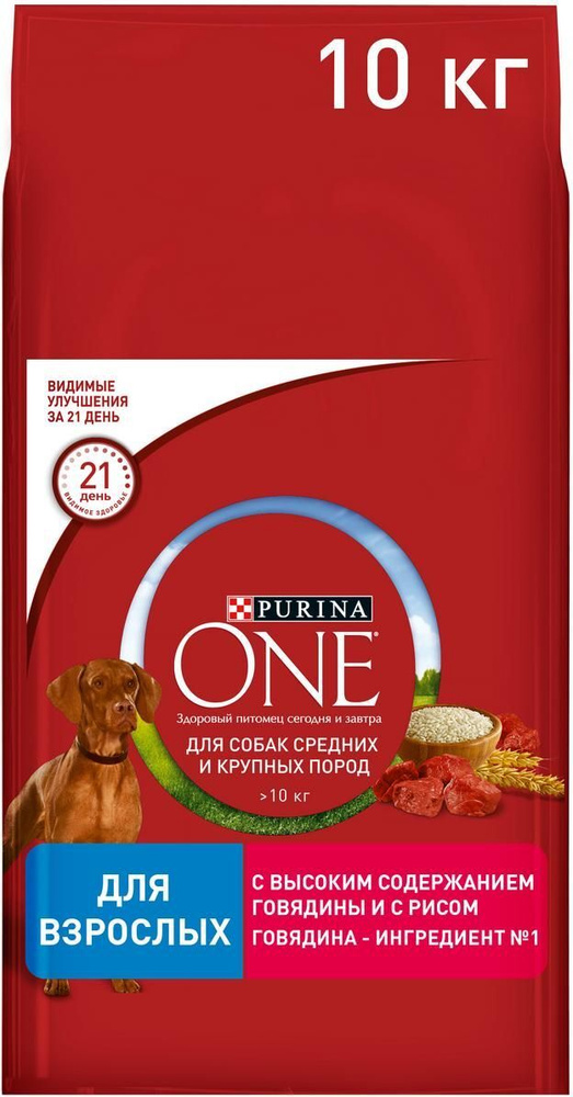 Purina One Dog / Сухой корм Пурина Уан для взрослых собак Средних и Крупных  пород весом более 10 кг Говядина рис 10 кг - купить с доставкой по выгодным  ценам в интернет-магазине OZON (1004192833)
