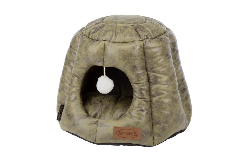 Лежак - домик для кошек SCRUFFS "Knightsbridge Cat Igloo", экокожа, оливковый, 48x48x38см (Великобритания) #1