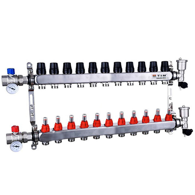 Коллектор из нержавеющей стали для теплых полов с расходомерами 1" - 3/4" Евроконус - 11 выхода (КВАДРАТ, #1