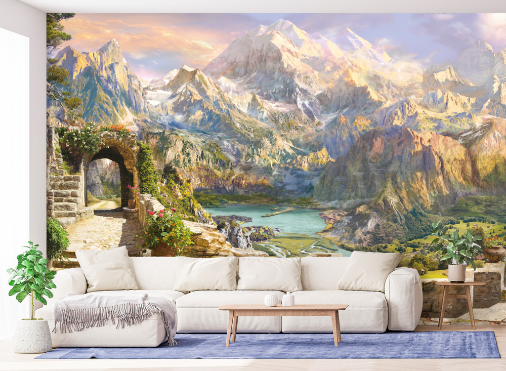 Фотообои на стену флизелиновые, Вид на долину, горы и озеро с каменной ...