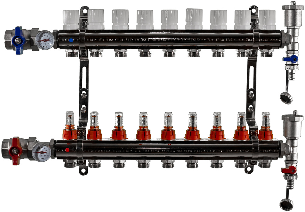 Коллекторная группа Tim (KA009) 1" ВР-ВР, 9 отводов 3/4", расходомер, воздухоотводчик, сливной кран, #1