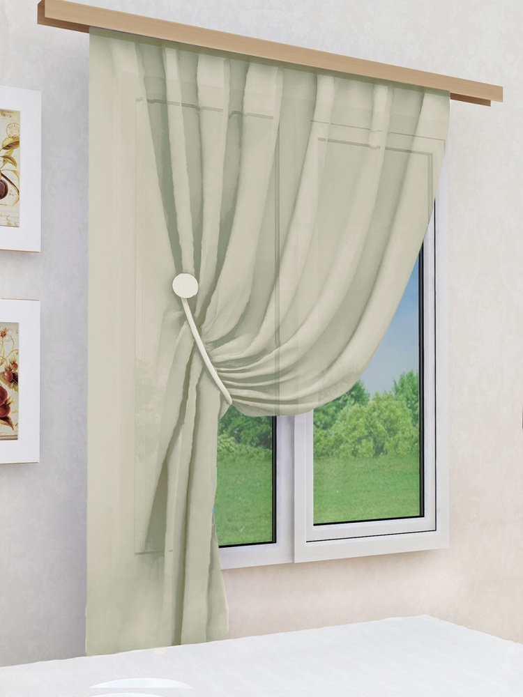 ElitRoom Тюль 150x150 см крепление Лента, бежевый #1
