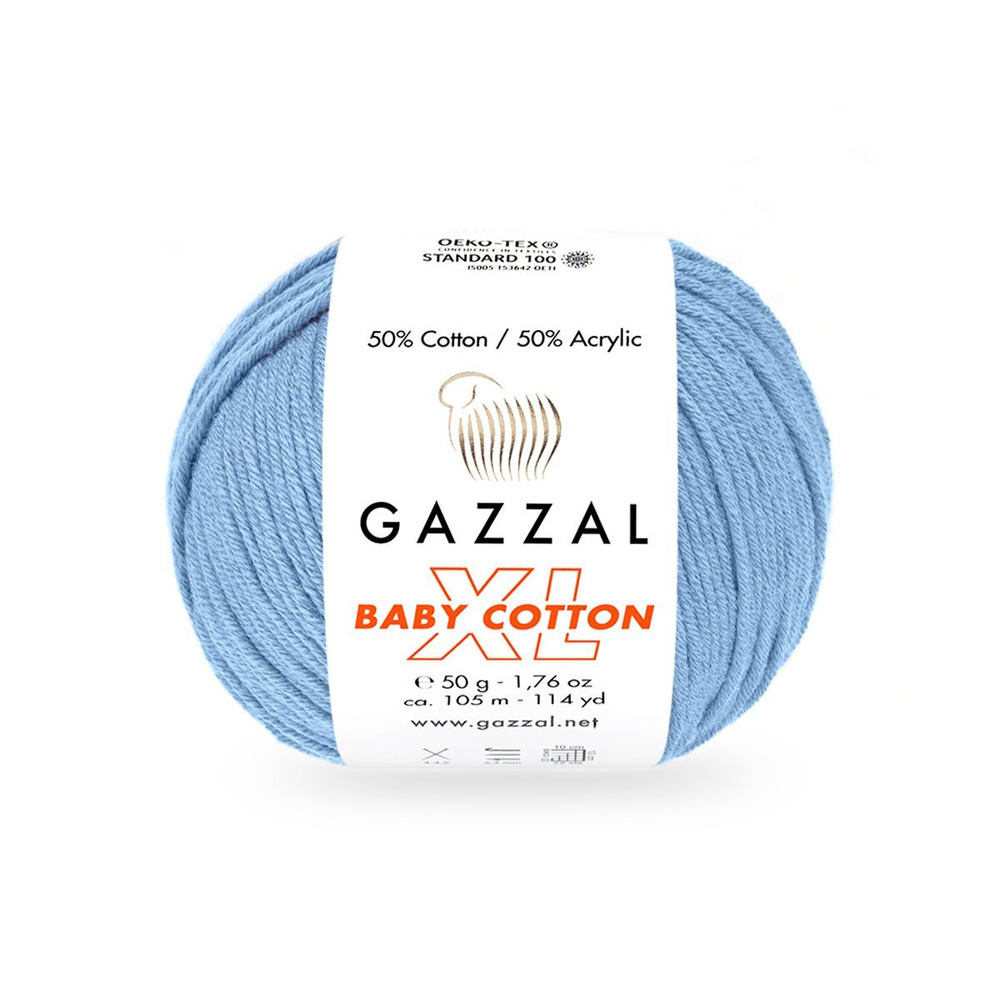 Пряжа Gazzal Baby Cotton xl 1 шт цвет 3423 голубой, 105м/50г, 50% хлопок, 50% полиакрил /Газзал Беби #1