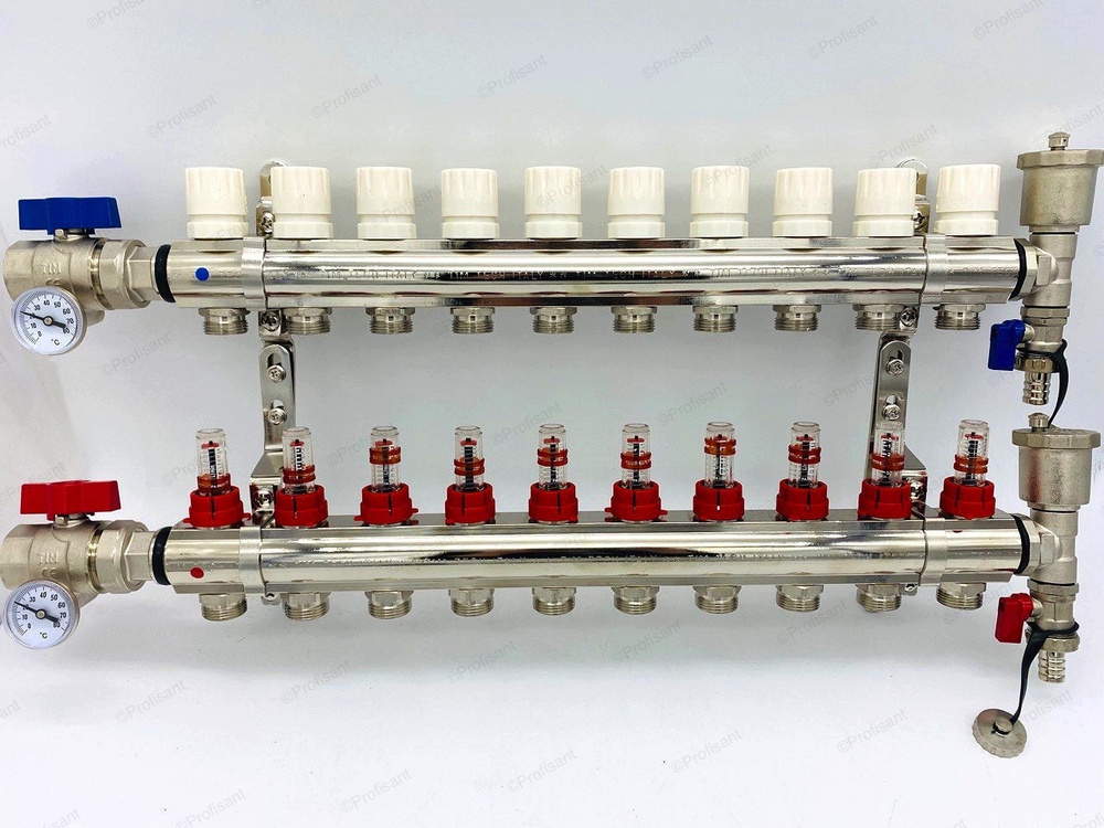 Коллектор для теплого пола с расходомерами, никелированная латунь, 1", 10 выходов, укомплектован: автовоздухоотводчик, #1