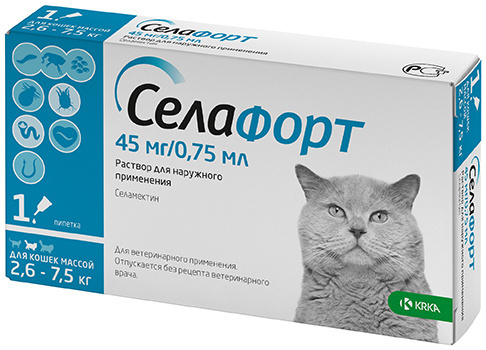 Селафорт капли на холку для кошек весом от 2,6 до 7,5 кг, от блох ...