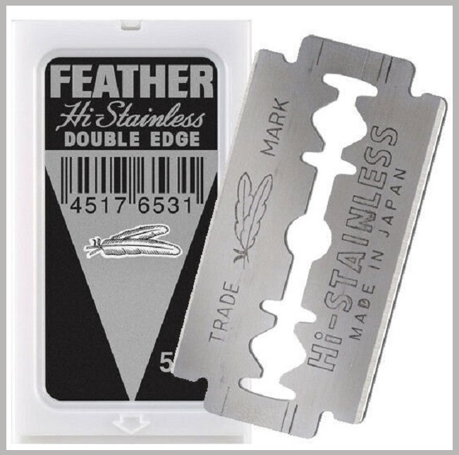 Двусторонние лезвия японские для Бритвы FEATHER "Hi-Stainless Double Edge ", в диспенсере, классические, #1