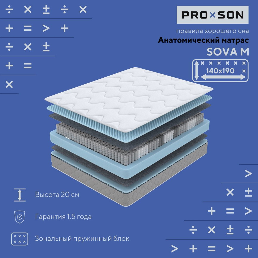 Матрас анатомический PROxSON SOVA M, с зональным пружинным блоком 140x190  #1